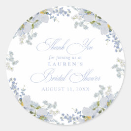 Pegatina Redonda Elegante Ducha Azul Floral Bridal Ducha Gracias