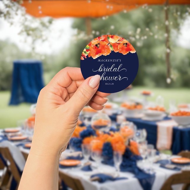 Pegatina Redonda Elegante ducha de novia azul marino con amapola do (Elegant Navy Blue Golden Poppy Bridal Shower Classic Round Sticker)