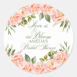 Pegatina Redonda Elegante ducha de novia con rosas en acuarela