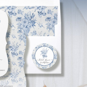 Pegatina Redonda Elegante ducha de novia en acuarela floral azul bl