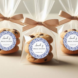 Pegatina Redonda Elegante ducha de novia floral azul Toile