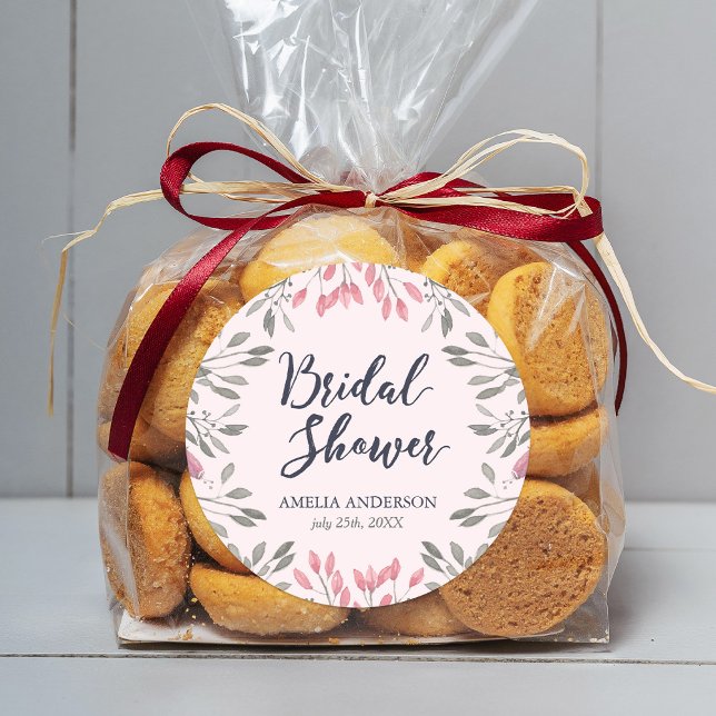 Pegatina Redonda Elegante ducha de novia floral de rosas rosadas (Subido por el creador)