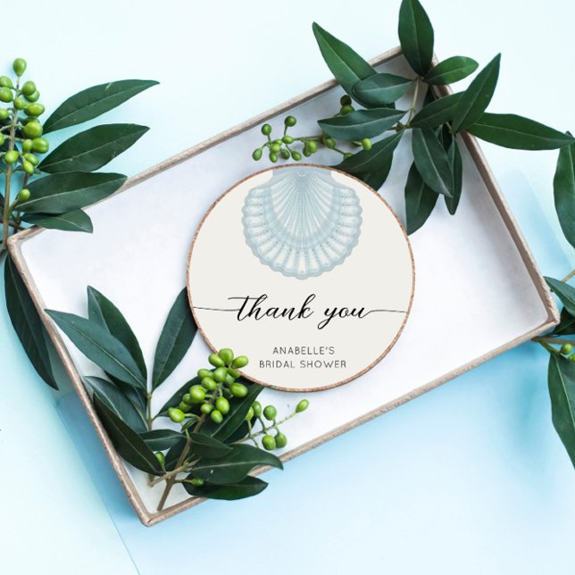 Pegatina Redonda Elegante Ducha Nupcial de Acuarela Azul con Concha (Subido por el creador)