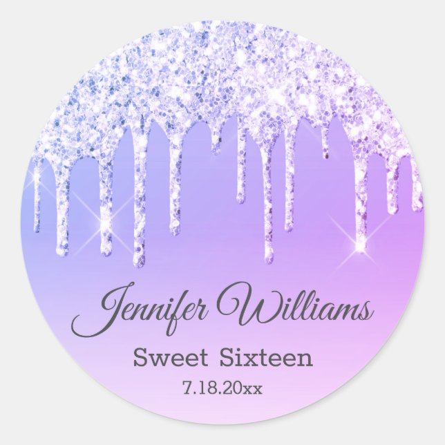Pegatina Redonda elegante dulce dieciséis purpurinas de goteo morad (Anverso)
