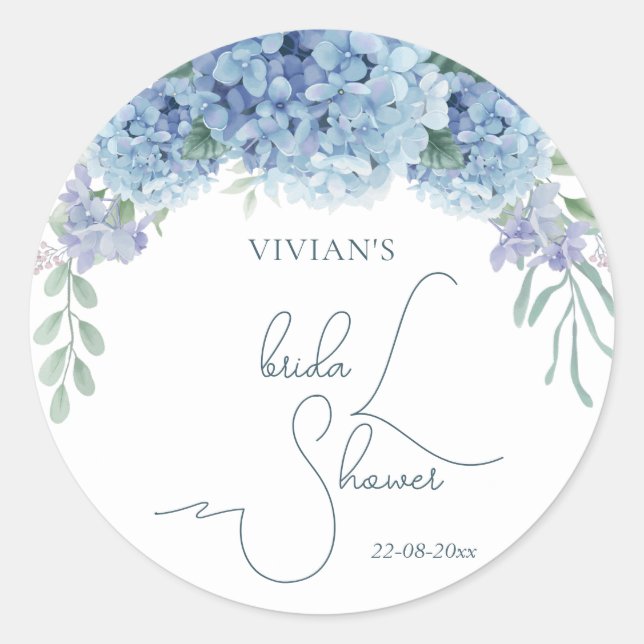 Pegatina Redonda Elegante Dusty Blue Floral Bouquet Bridal Shower (Anverso)