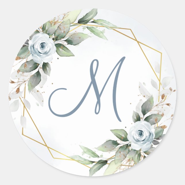 Pegatina Redonda Elegante Dusty Blue Floral Greeneration MONOGRAM (Anverso)