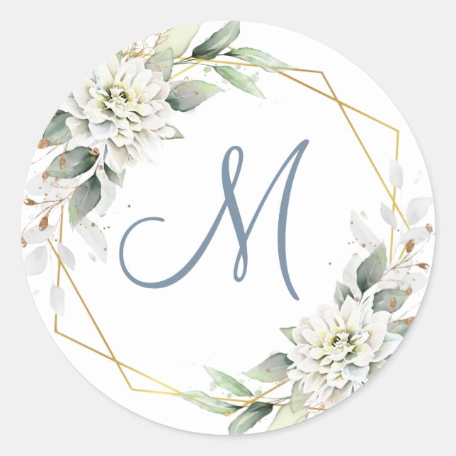 Pegatina Redonda Elegante Dusty Blue Floral Greeneration MONOGRAM (Anverso)