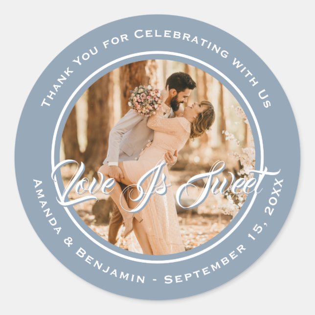Pegatina Redonda Elegante, Dusty Blue Love es dulce foto Boda (Anverso)