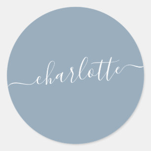 Pegatina Redonda Elegante Dusty Blue Script Name Personalizado