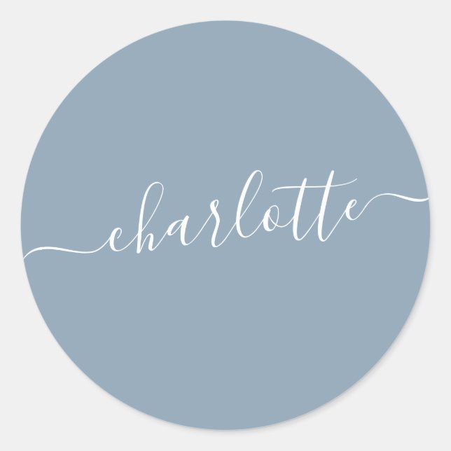 Pegatina Redonda Elegante Dusty Blue Script Name Personalizado (Anverso)