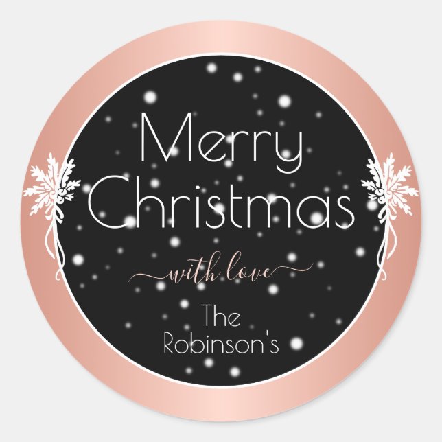 Pegatina Redonda Elegante efecto Rosa de oro navidad copos de nieve (Anverso)