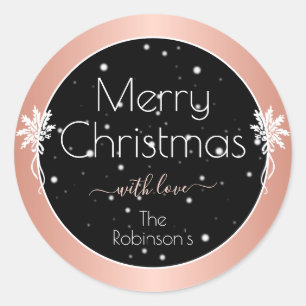 Pegatina Redonda Elegante efecto Rosa de oro navidad copos de nieve