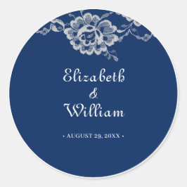 Pegatina Redonda Elegante encaje floral sobre Boda azul de la marin