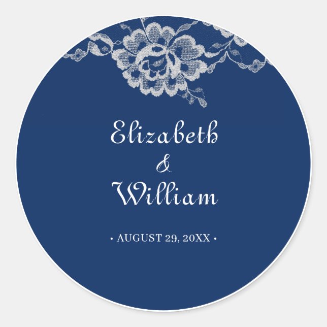 Pegatina Redonda Elegante encaje floral sobre Boda azul de la marin (Anverso)