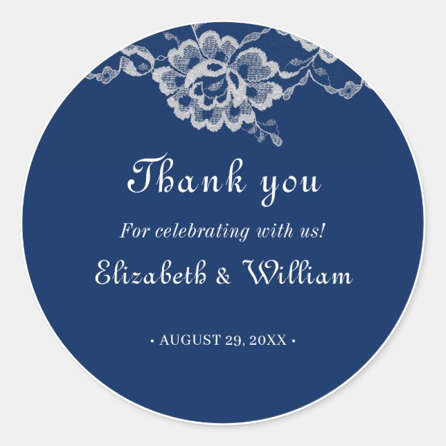 Pegatina Redonda Elegante encaje floral sobre Boda azul de la marin (Anverso)
