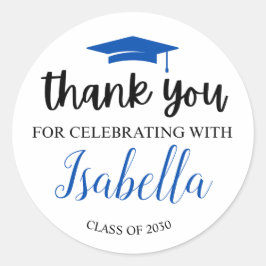 Pegatina Redonda Elegante escritura azul Graduación Gracias Fiesta