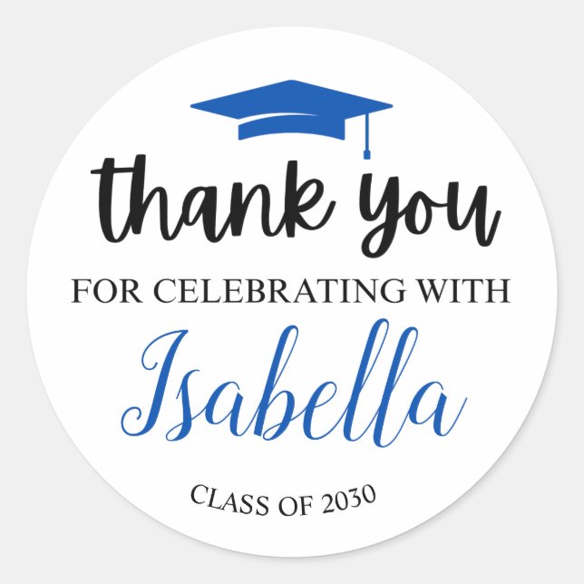 Pegatina Redonda Elegante escritura azul Graduación Gracias Fiesta  (Anverso)