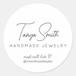 Pegatina Redonda Elegante escritura hecha con amor corazón joyería 