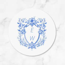 Pegatina Redonda Elegante Escudo azul Monograma Boda