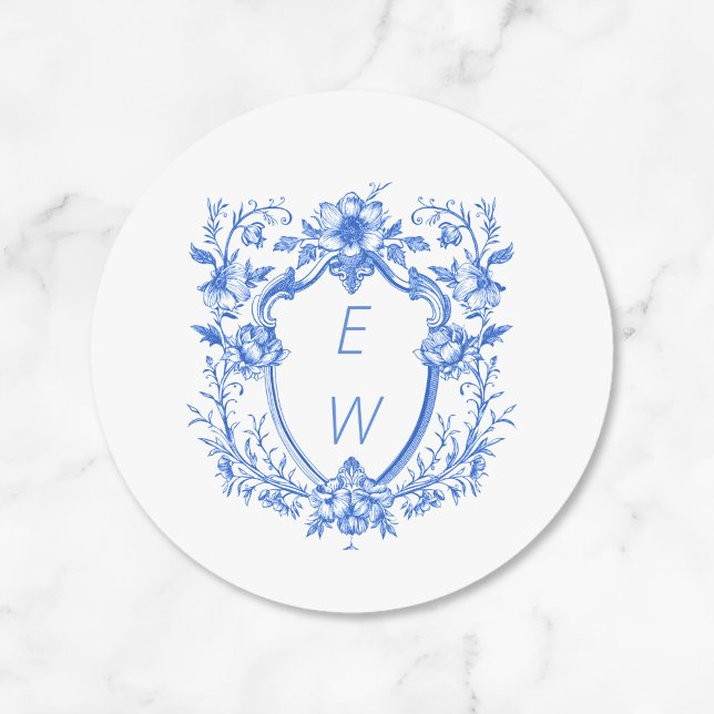 Pegatina Redonda Elegante Escudo azul Monograma Boda (Elegant Blue Crest Monogram Wedding Classic Round Stickers)