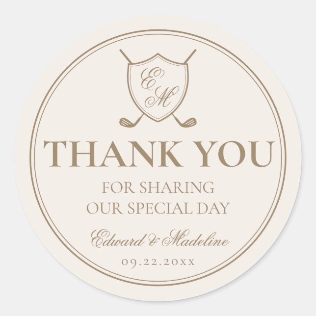 Pegatina Redonda Elegante Escudo clásico Monograma Boda de golf (Anverso)