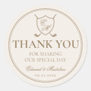 Pegatina Redonda Elegante Escudo clásico Monograma Boda de golf