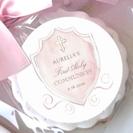 Pegatina Redonda Elegante Escudo de acuarela rosa primera comunión