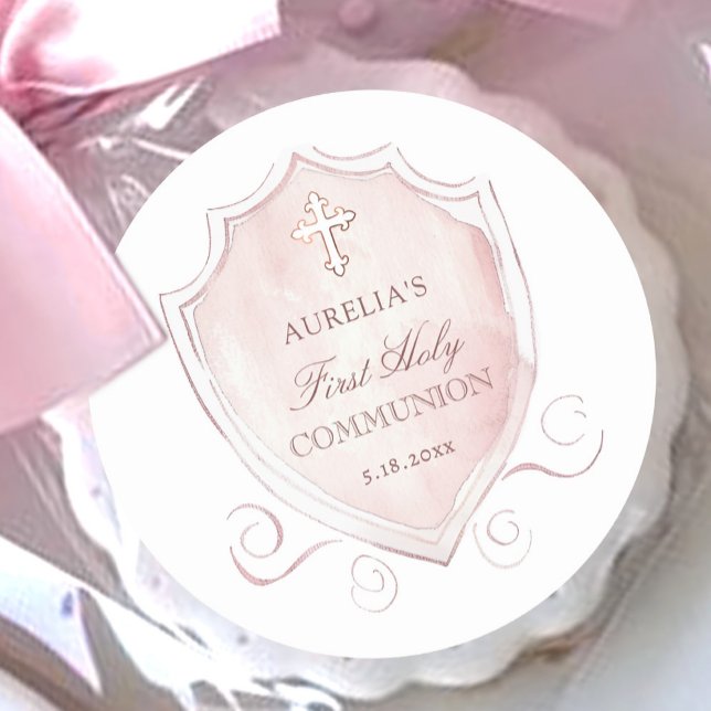 Pegatina Redonda Elegante Escudo de acuarela rosa primera comunión (Subido por el creador)