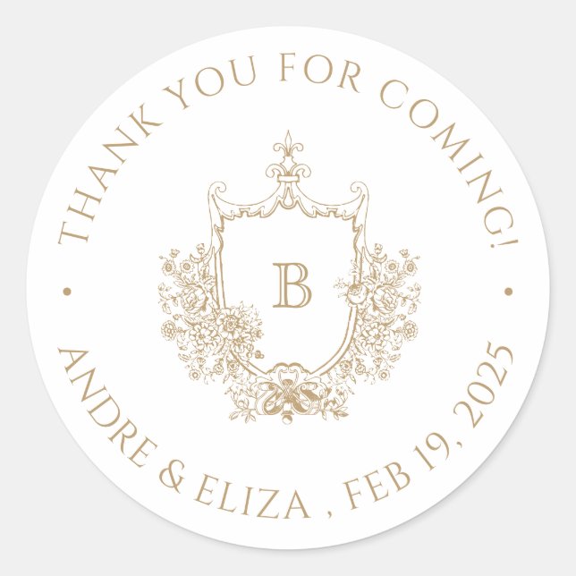 Pegatina Redonda Elegante Escudo de Monograma Dorado (Anverso)