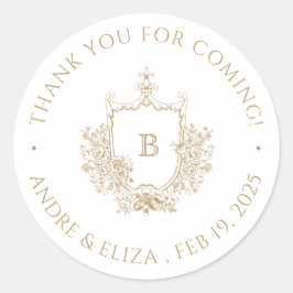 Pegatina Redonda Elegante Escudo de Monograma Dorado