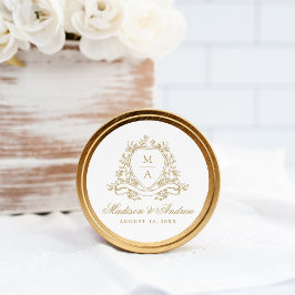Pegatina Redonda Elegante Escudo floral dorado Monograma Boda