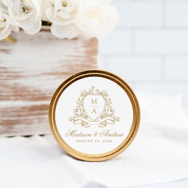 Pegatina Redonda Elegante Escudo floral dorado Monograma Boda (Subido por el creador)