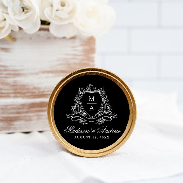 Pegatina Redonda Elegante Escudo floral Monograma Boda negro (Subido por el creador)