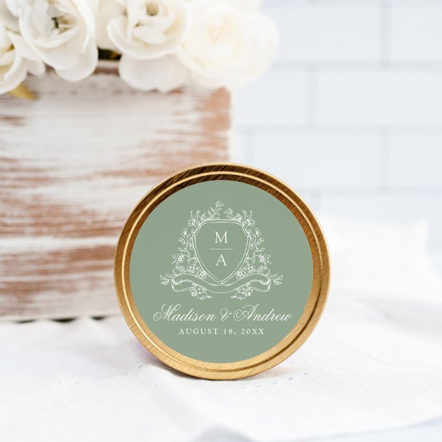 Pegatina Redonda Elegante Escudo floral Monograma Sage Green Boda (Subido por el creador)