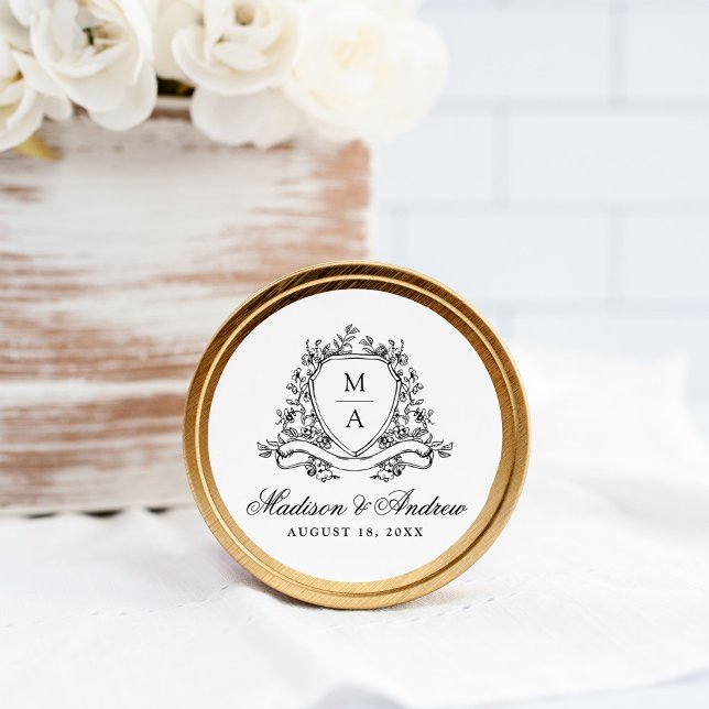 Pegatina Redonda Elegante Escudo floral negro Boda Monograma (Subido por el creador)