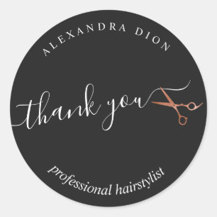 Pegatina Redonda Elegante estilista de las tijeras de oro rosa de c