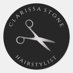 Pegatina Redonda Elegante estilista de las tijeras plateadas y negr