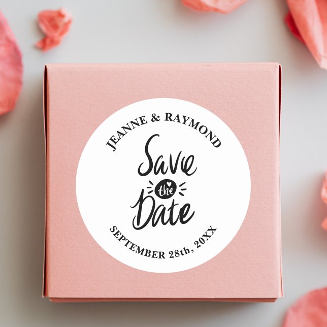 Pegatina Redonda Elegante Estilo Boda Guardar la fecha (Elegant wedding save the date round sticker adds timeless charm to your special day)