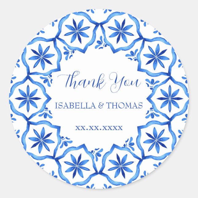 Pegatina Redonda Elegante estilo sencillo estilo chinoiserie Blue W (Anverso)