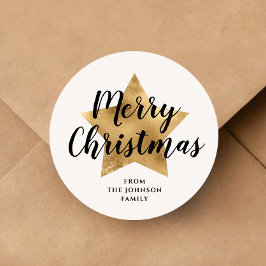 Pegatina Redonda Elegante Estrella de Oro Feliz Navidad