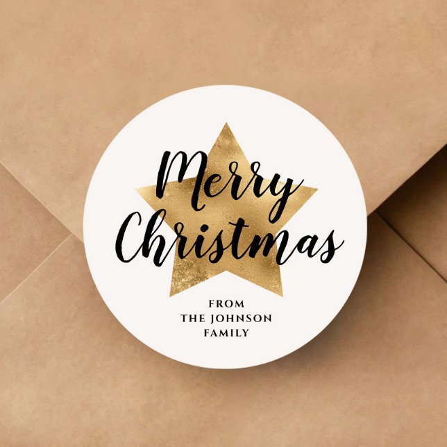 Pegatina Redonda Elegante Estrella de Oro Feliz Navidad (Elegant White Faux Gold Star Merry Christmas Classic Round Sticker)