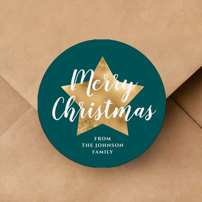 Pegatina Redonda Elegante Estrella Verde Feliz Navidad (Merry Christmas Gold Star Green Classic Round Sticker)