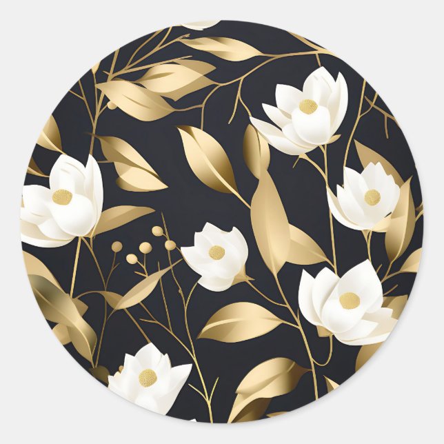 Pegatina Redonda Elegante Eucalyptus Gold sobre negro (Anverso)