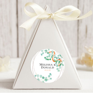 Pegatina Redonda Elegante Eucalyptus Greenery Peach Floral Boda