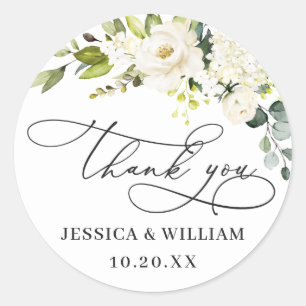 Pegatina Redonda Elegante Eucalyptus White Roses Boda Gracias