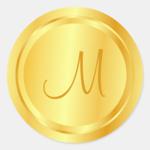 Pegatina Redonda Elegante Faux Gold Monogramed Template Moderno