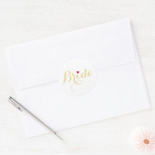 Pegatina Redonda Elegante Faux Gold Script Corazón novia Boda Blanc