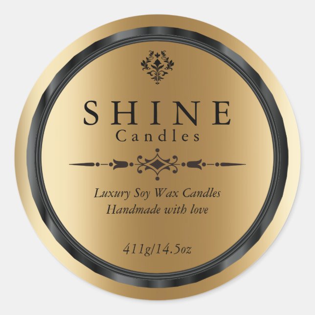 Pegatina Redonda Elegante Faux Gold y Black Labels (Anverso)