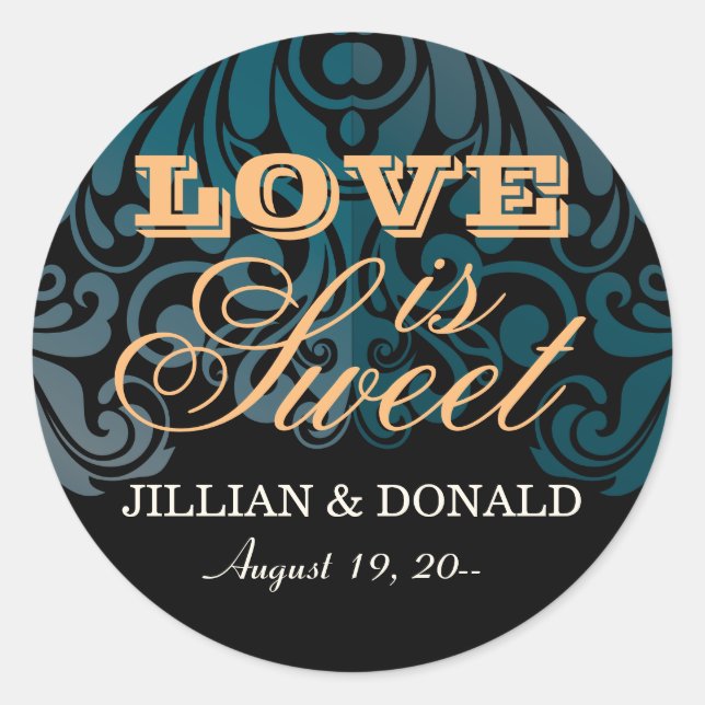 Pegatina Redonda Elegante Favor del Monograma Zircon Damask Negro (Anverso)