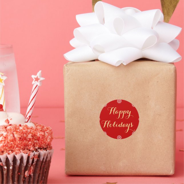 Pegatina Redonda Elegante Felices Vacaciones Copos de Nieve Faux Go (Fiesta)